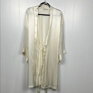 Valerie Stevens Womens Robe XL Cream Wide Sleeves Embroidery Pockets Belt Poly